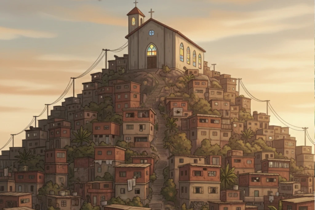 Ilustração de um padre rezando em frente a uma cruz, com a favela ao fundo.