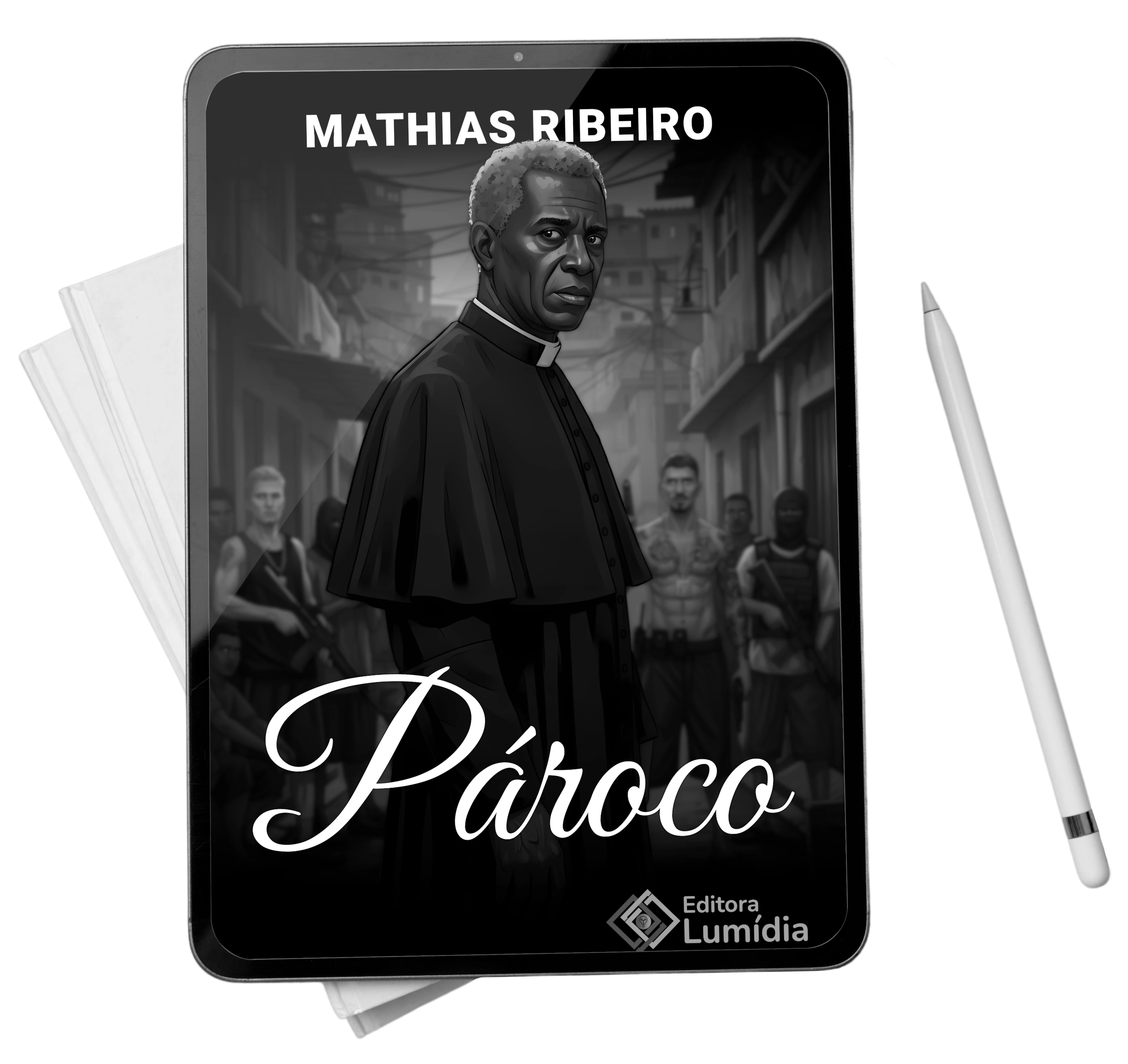 Capa do livro Pároco sendo exibida em um leitor digital Kindle.